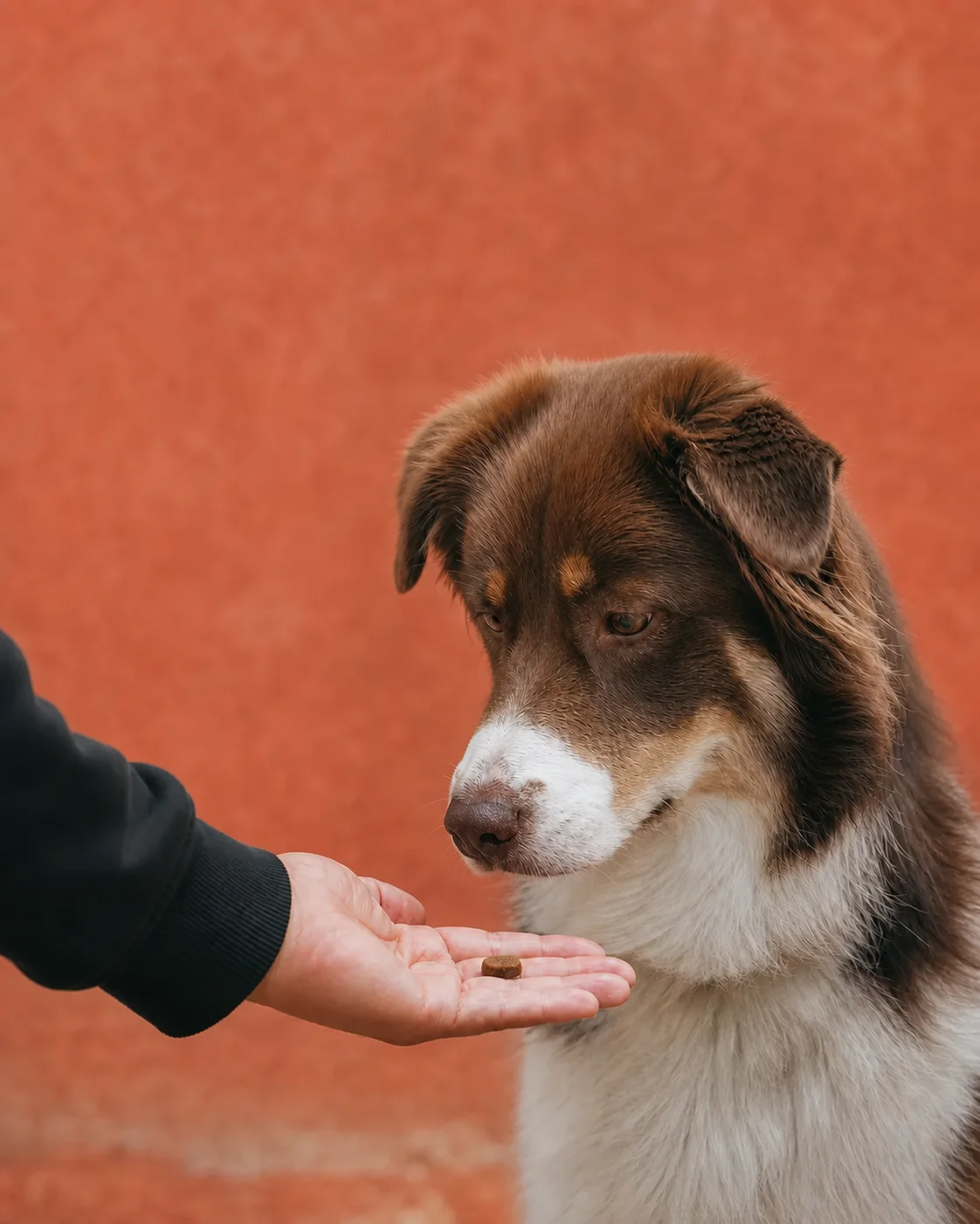 Perro atento siguiendo una señal de mano de su guía
